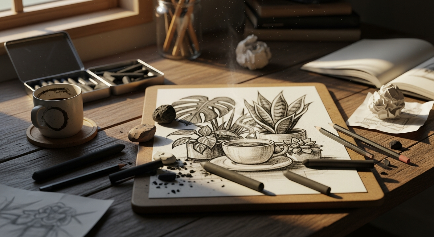 Творческий стол художника со скетчами и инструментами